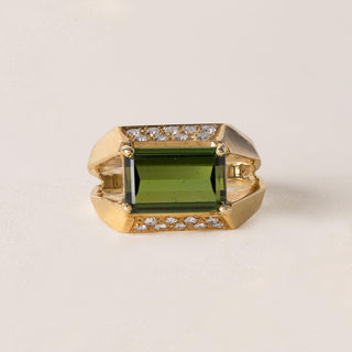 Estate 18K Gold Green Tourmaline Emerald Cut Diamond Pave Modernist Ring