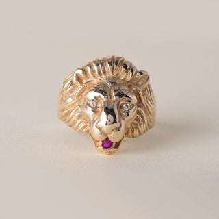 Vintage 14K Gold Lion Head Diamond and Ruby Ring