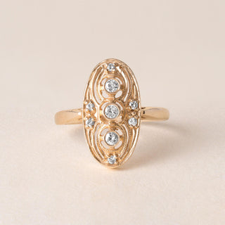Estate 3 Stone Diamond Elongated Oval Filigree Ring 14K Yellow Gold