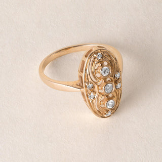 Estate 3 Stone Diamond Elongated Oval Filigree Ring 14K Yellow Gold