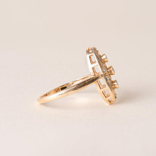 Estate 3 Stone Diamond Elongated Oval Filigree Ring 14K Yellow Gold