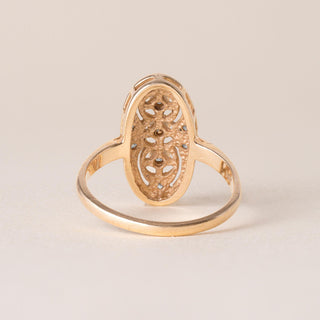 Estate 3 Stone Diamond Elongated Oval Filigree Ring 14K Yellow Gold