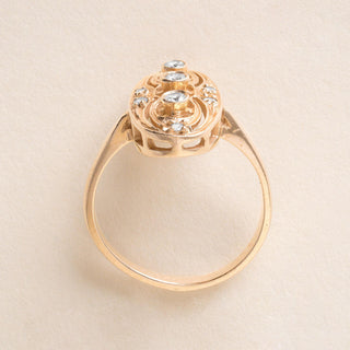 Estate 3 Stone Diamond Elongated Oval Filigree Ring 14K Yellow Gold