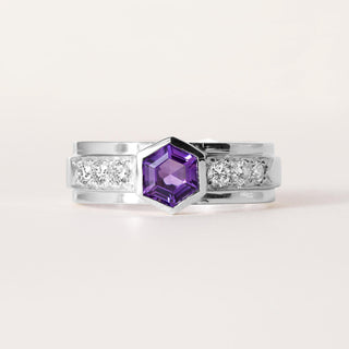 14K White Gold Amethyst Hexagon Ring Band