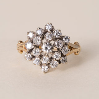 Vintage 14K Two Tone Gold 1 Carat Diamond Cluster Cocktail Ring
