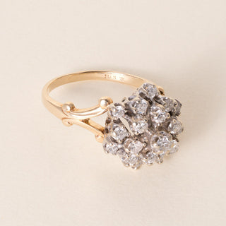 Vintage 14K Two Tone Gold 1 Carat Diamond Cluster Cocktail Ring