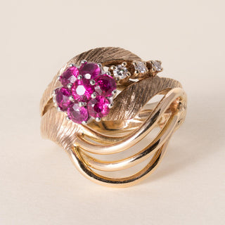 Vintage 13.5K Gold Ruby and Diamond Floral Cocktail Ring
