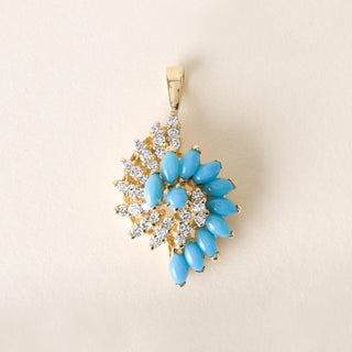 Vintage Turquoise and Diamond Swirl Earring and Pendant Set 14K Yellow Gold