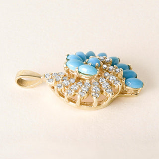 Vintage Turquoise and Diamond Swirl Earring and Pendant Set 14K Yellow Gold