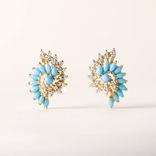 Vintage Turquoise and Diamond Swirl Earring and Pendant Set 14K Yellow Gold