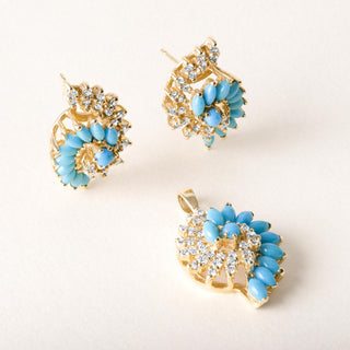 Vintage Turquoise and Diamond Swirl Earring and Pendant Set 14K Yellow Gold