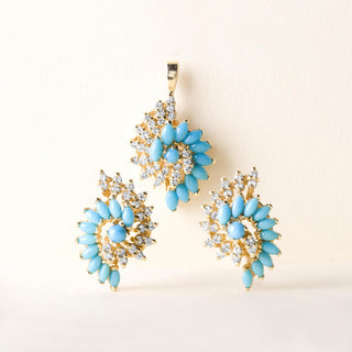 Vintage Turquoise and Diamond Swirl Earring and Pendant Set 14K Yellow Gold
