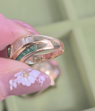 18K Gold Emerald Pear Shape and Diamond Channel Set Ring Band