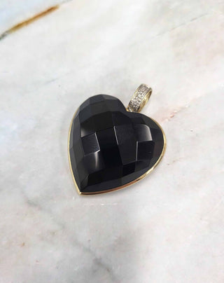 10K Gold Bezel Set Black Faceted Stone Heart And Diamond Pendant