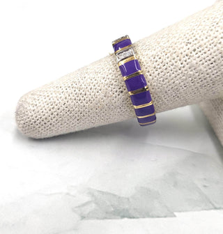 Vintage Italian 18K Gold Mesh Band Ring with Purple Enamel & Diamonds