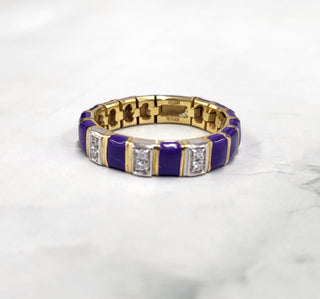 Vintage Italian 18K Gold Mesh Band Ring with Purple Enamel & Diamonds