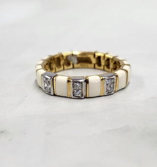 18K Gold Vintage Italian White Enamel Diamond Mesh Ring | Mesh Jewelry
