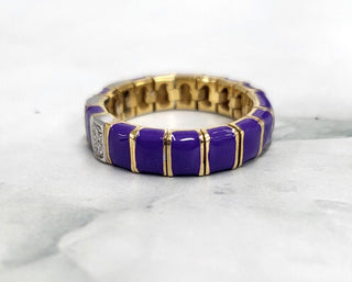 Vintage Italian 18K Gold Mesh Band Ring with Purple Enamel & Diamonds