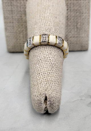18K Gold Vintage Italian White Enamel Diamond Mesh Ring | Mesh Jewelry