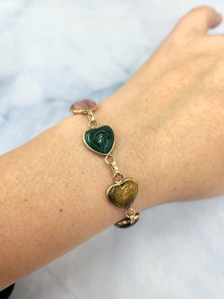 Vintage 14k Gold Multi-Gemstone Scarab Heart Bracelet - Onyx, Carnelian