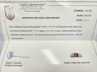 Vintage Platinum 1.17 Carat Burma Ruby and Diamond Ring