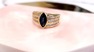 14K Yellow Gold Blue Sapphire Marquise European Shank Diamond Ring Band