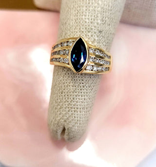14K Yellow Gold Blue Sapphire Marquise European Shank Diamond Ring Band