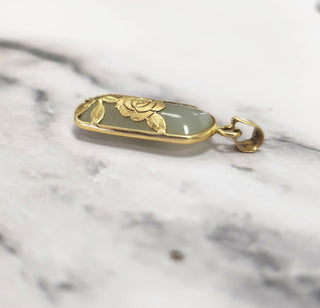 14K Gold Rose Flower Engraved Nephrite Gemstone Pendant – Elegant Floral Jewelry