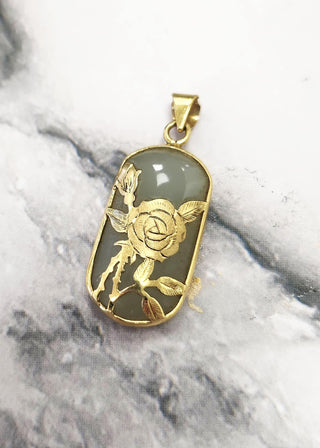 14K Gold Rose Flower Engraved Nephrite Gemstone Pendant – Elegant Floral Jewelry
