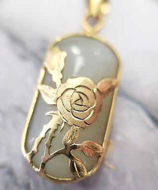 14K Gold Rose Flower Engraved Nephrite Gemstone Pendant – Elegant Floral Jewelry