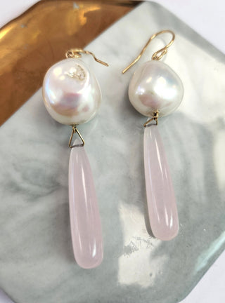 14K Yellow Gold Pearl and Pink Quartz Drop Earrings