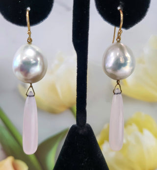 14K Yellow Gold Pearl and Pink Quartz Drop Earrings