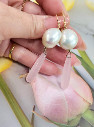 14K Yellow Gold Pearl and Pink Quartz Drop Earrings