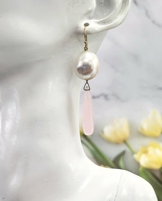 14K Yellow Gold Pearl and Pink Quartz Drop Earrings