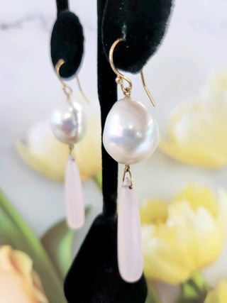 14K Yellow Gold Pearl and Pink Quartz Drop Earrings
