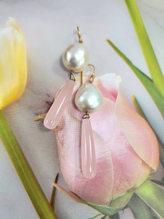 14K Yellow Gold Pearl and Pink Quartz Drop Earrings