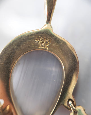 18K Yellow Gold Sajen Bali Goddess Carved Mother of Pearl, Sapphire Pendant