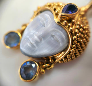 18K Yellow Gold Sajen Bali Goddess Carved Mother of Pearl, Sapphire Pendant