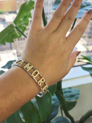 14K 2Tone Gold Life is "AMORE" Diamond Bangle Braclet