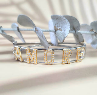 14K 2Tone Gold Life is "AMORE" Diamond Bangle Braclet
