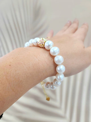 Fresh Water Pearl Baby Pink and White Enamel Sakura Charm Gold Plated Bracelet