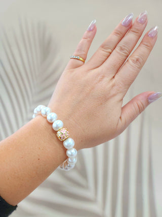 Fresh Water Pearl Baby Pink and White Enamel Sakura Charm Gold Plated Bracelet