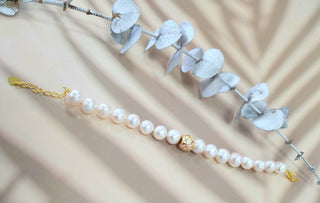 Fresh Water Pearl Baby Pink and White Enamel Sakura Charm Gold Plated Bracelet