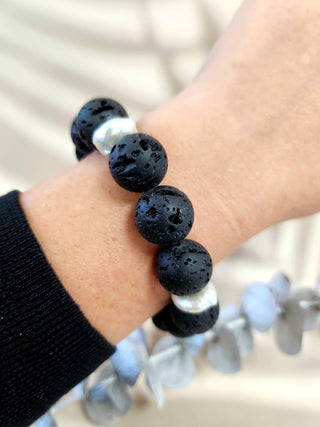 Natural Black Lava and Kashi Pearl Bracelet
