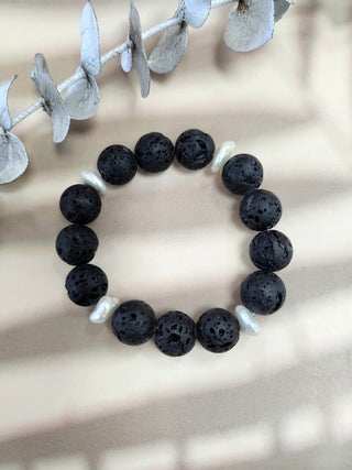 Natural Black Lava and Kashi Pearl Bracelet