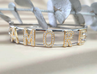 14K 2Tone Gold Life is "AMORE" Diamond Bangle Braclet