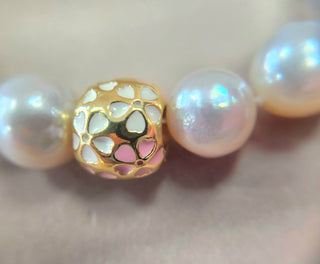 Fresh Water Pearl Baby Pink and White Enamel Sakura Charm Gold Plated Bracelet