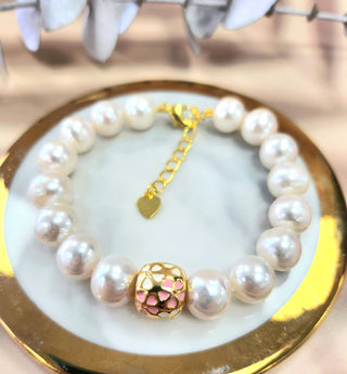 Fresh Water Pearl Baby Pink and White Enamel Sakura Charm Gold Plated Bracelet