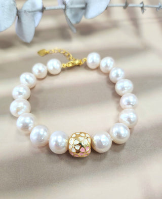 Fresh Water Pearl Baby Pink and White Enamel Sakura Charm Gold Plated Bracelet