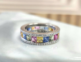 14K Gold Multi-Color Sapphire Princess Cut and Diamond  Eternity Ring Band